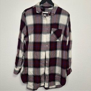 Ava & Viv Burgundy Plaid Button-Up Shirt with Cream Top Detail – Size 1X